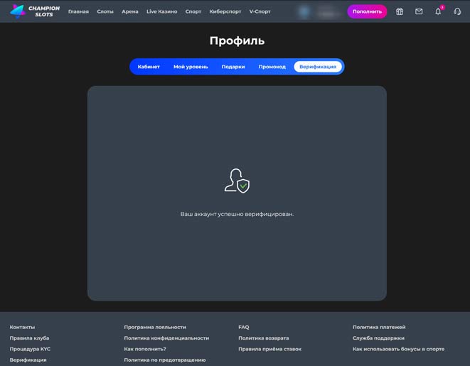 Личный кабинет интернет казино